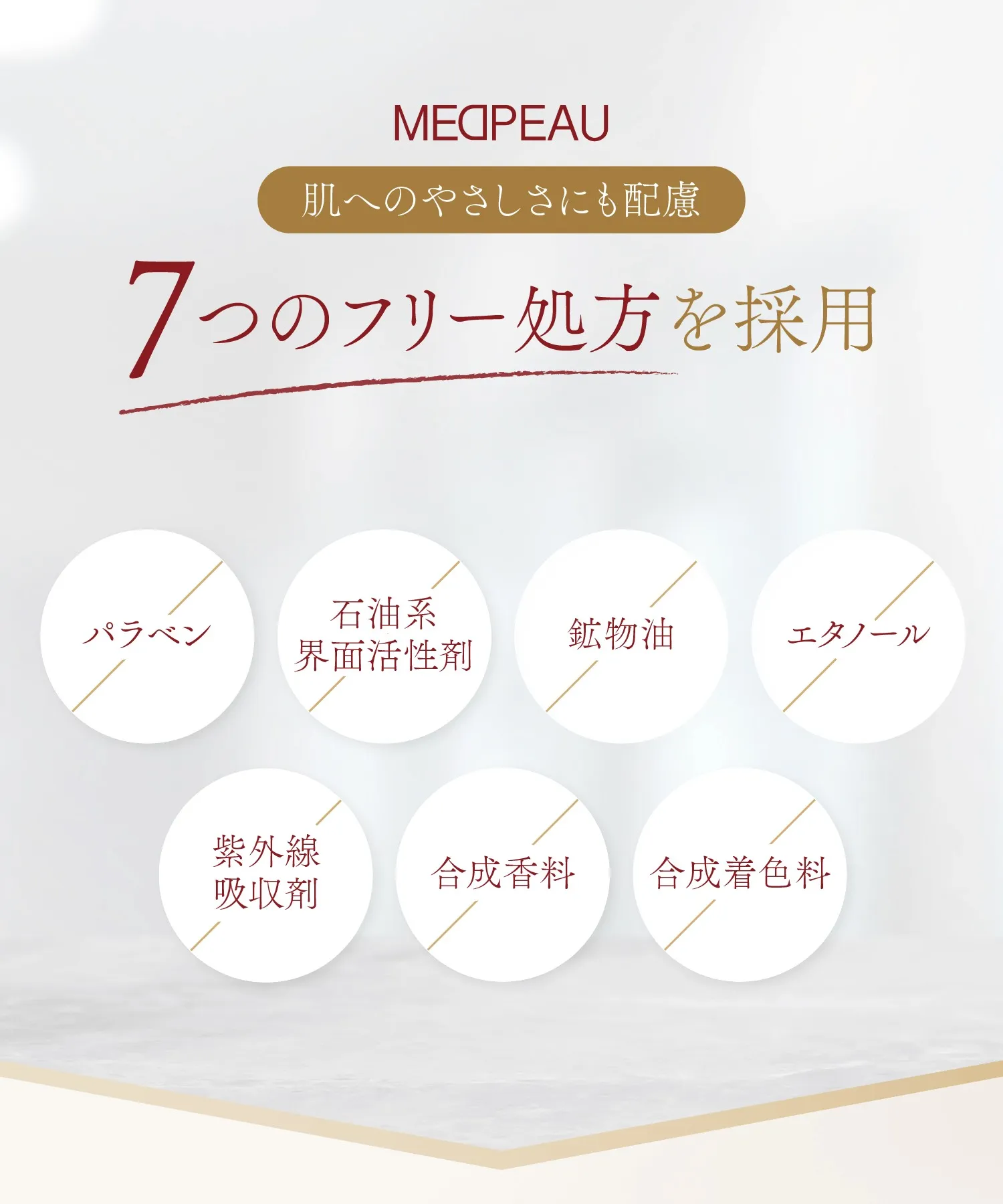 パラベン・石油系界面活性剤・エタノール・鉱物油・紫外線吸収剤・合成着色料・合成香料 不使用