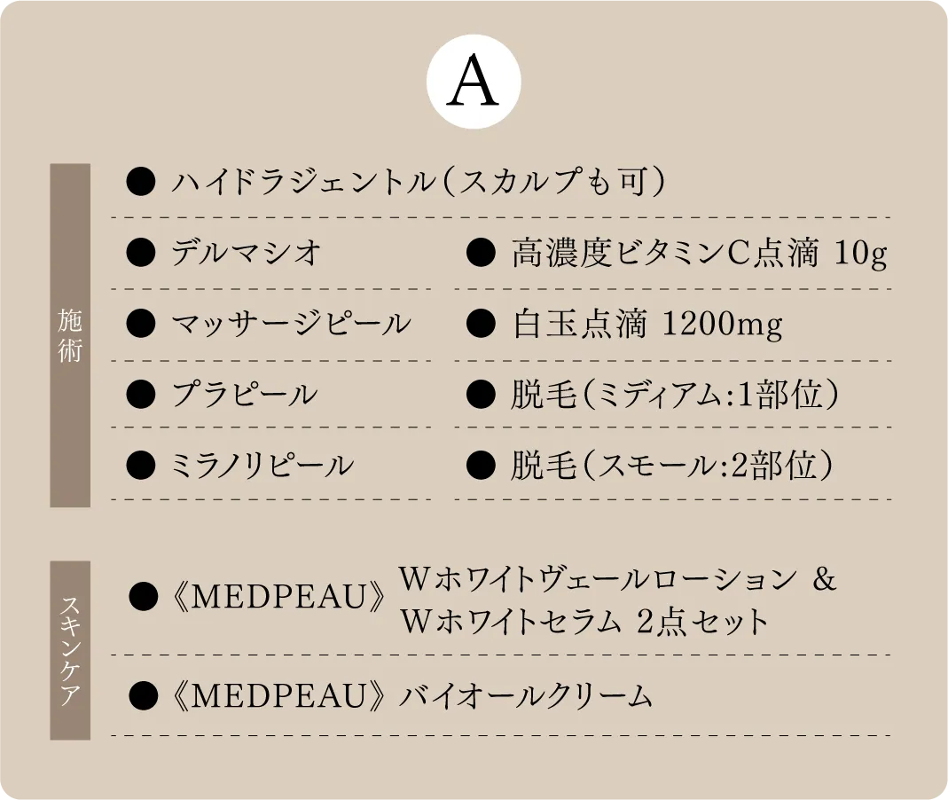 ハイドラジェントルやデルマシオや白玉点滴や脱毛が選べます