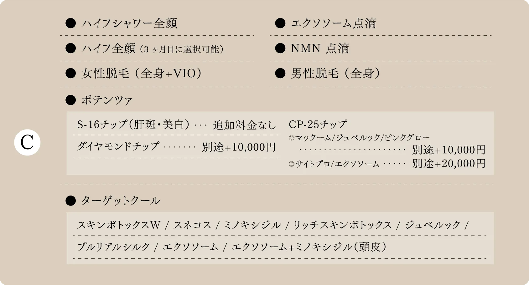 ポテンツァやエクソソーム点滴やNMN点滴やハイフが選べます