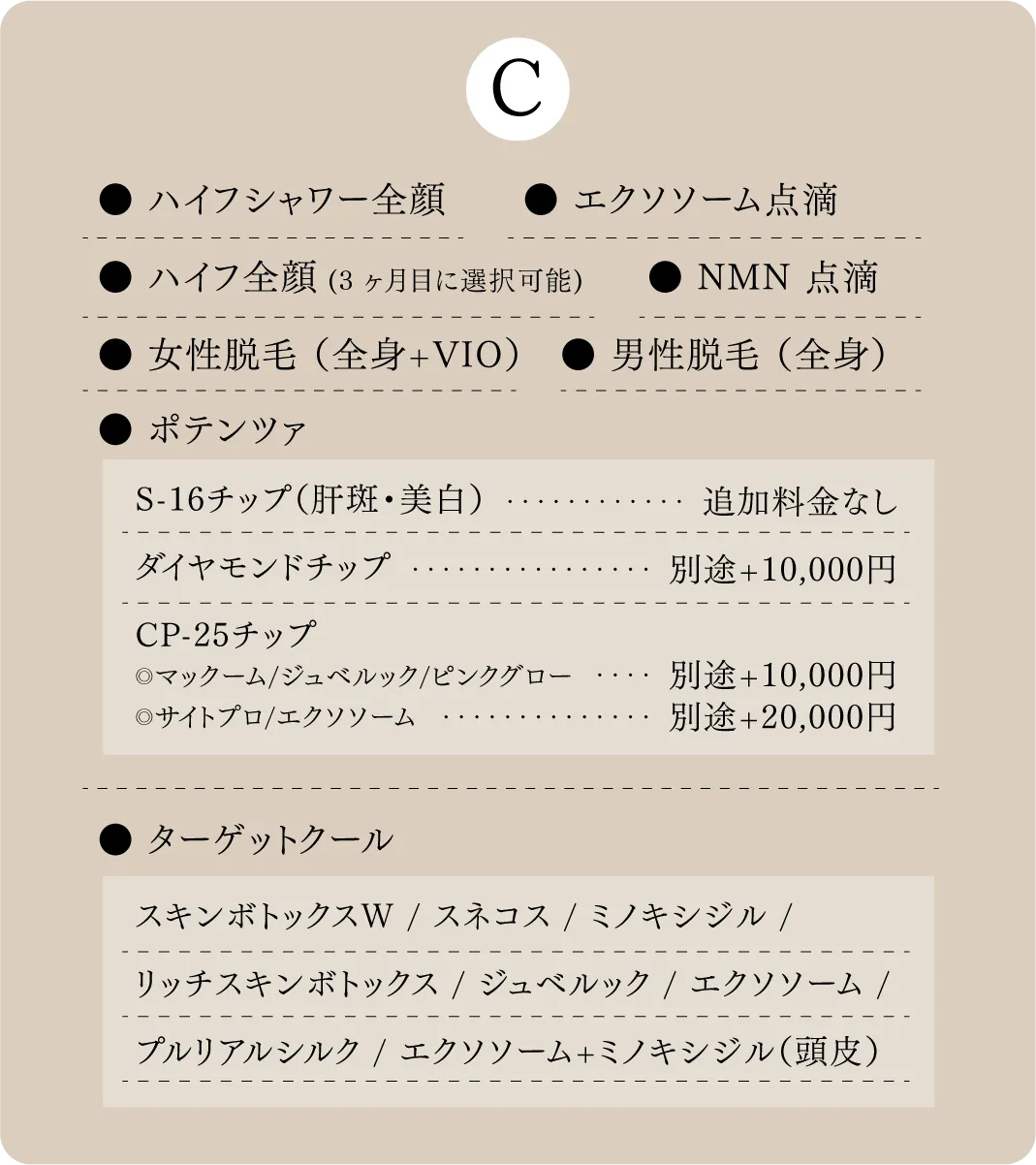 ポテンツァやエクソソーム点滴やNMN点滴やハイフが選べます